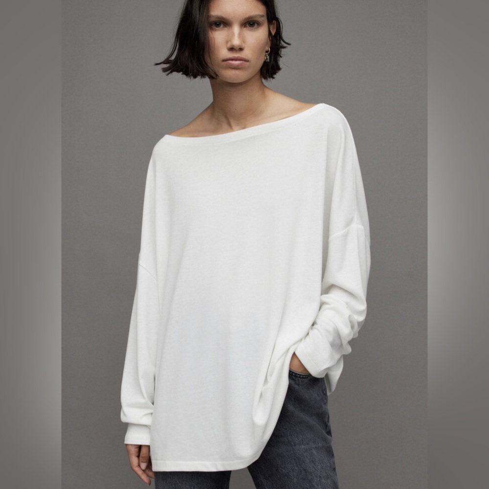 All Saints RITA Tee Oversized Off-the-Shoulder Chalk White Top Stretchy Shirt